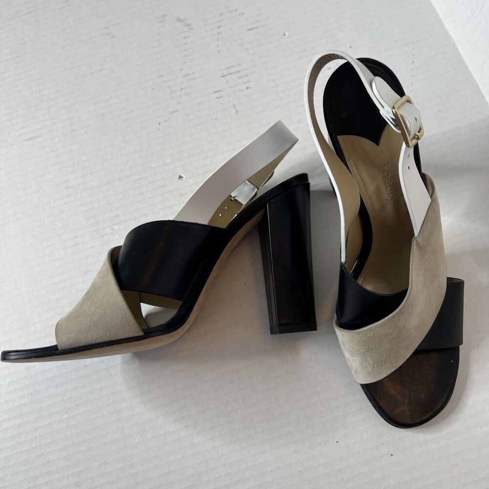 Theory Block Heel Sandals 5" Black Leather Suede Slingback Heels 40/9